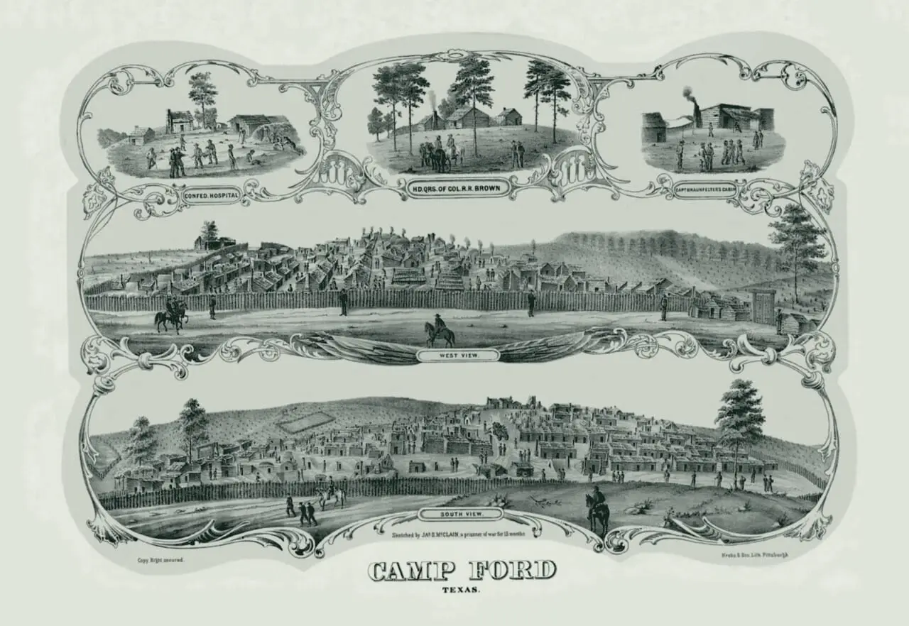 Camp Ford, Texas: lithograph from sketches by Jas. S. McClain, a prisoner of war for 13 months (hospital, Col. R. R. Brown's headquarters, Capt. Braunfelter's cabin, west and south views of the stockade)