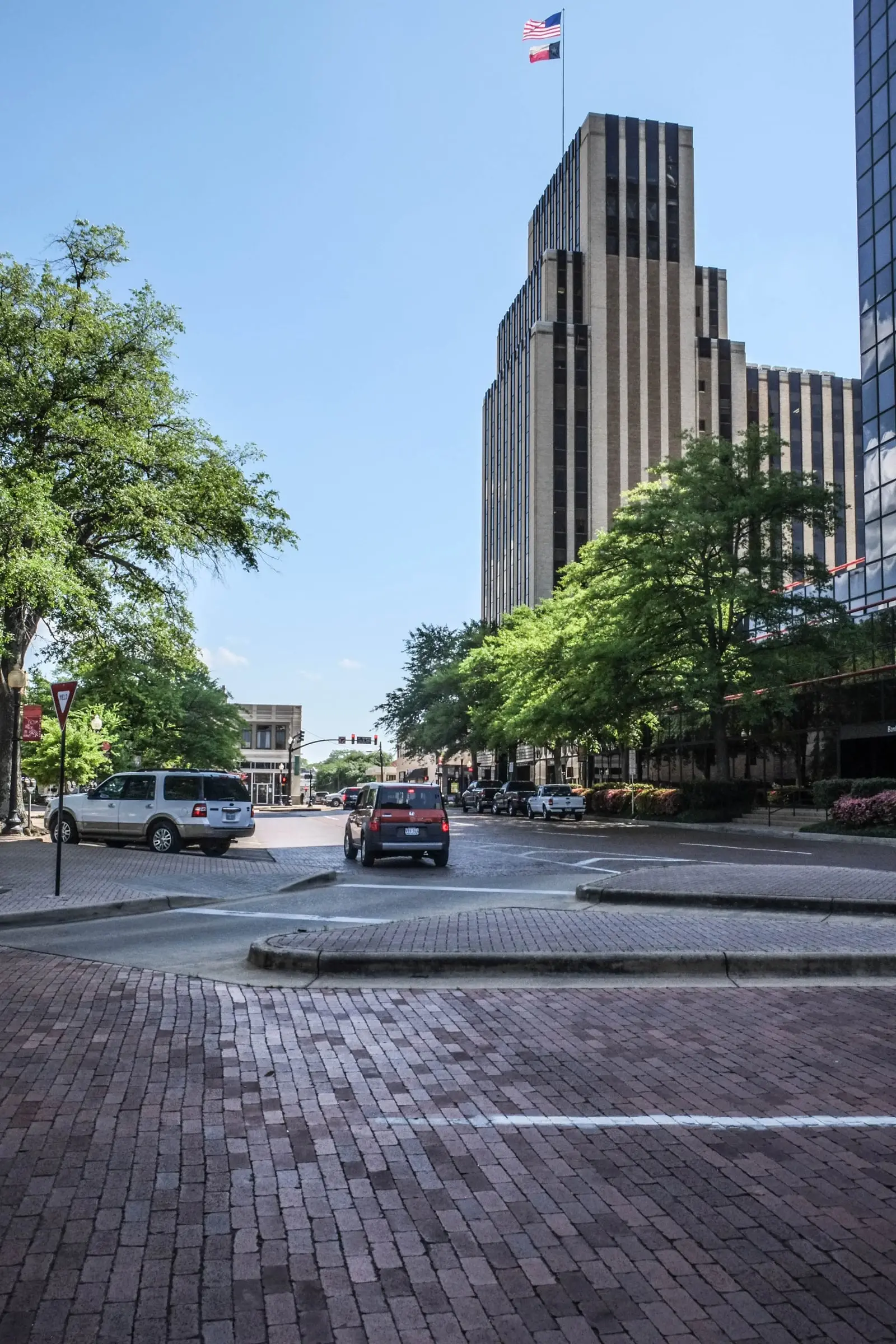 Brick street below the People's National Bank tower